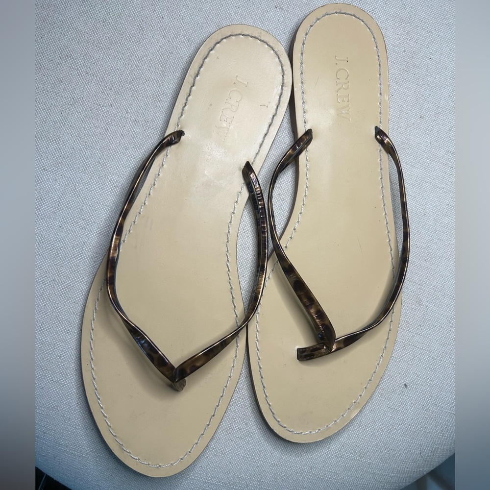 J. Crew Skinny Strap Leather Leopard Print Flip Flop Sandal Summer Beach Casual